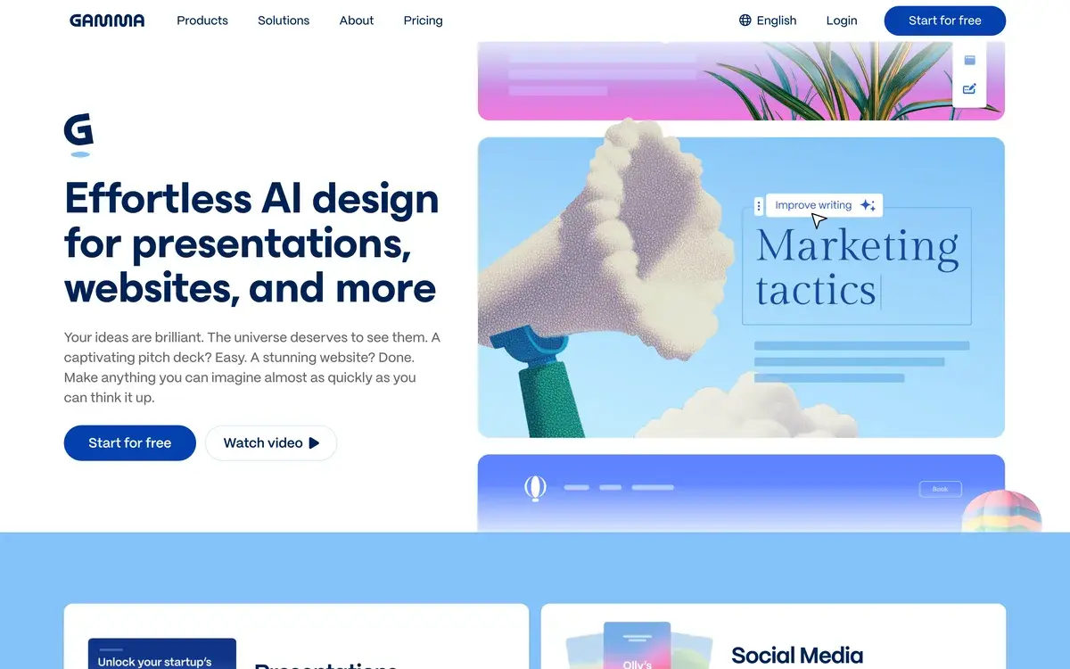 Gamma homepage in September 2026 with the headline Effortless AI design for presentations, websites, and more, Start for free and Watch video buttons, and a sample slide titled Marketing tactics with an Improve writing prompt