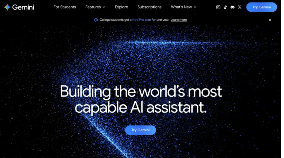 Gemini website in September 2026 with the headline Building the world's most capable AI assistant on a dark background of blue particles, a Try Gemini button, navigation for students, features, explore, subscriptions and what's new, and a note that college students get a free Pro plan for one year