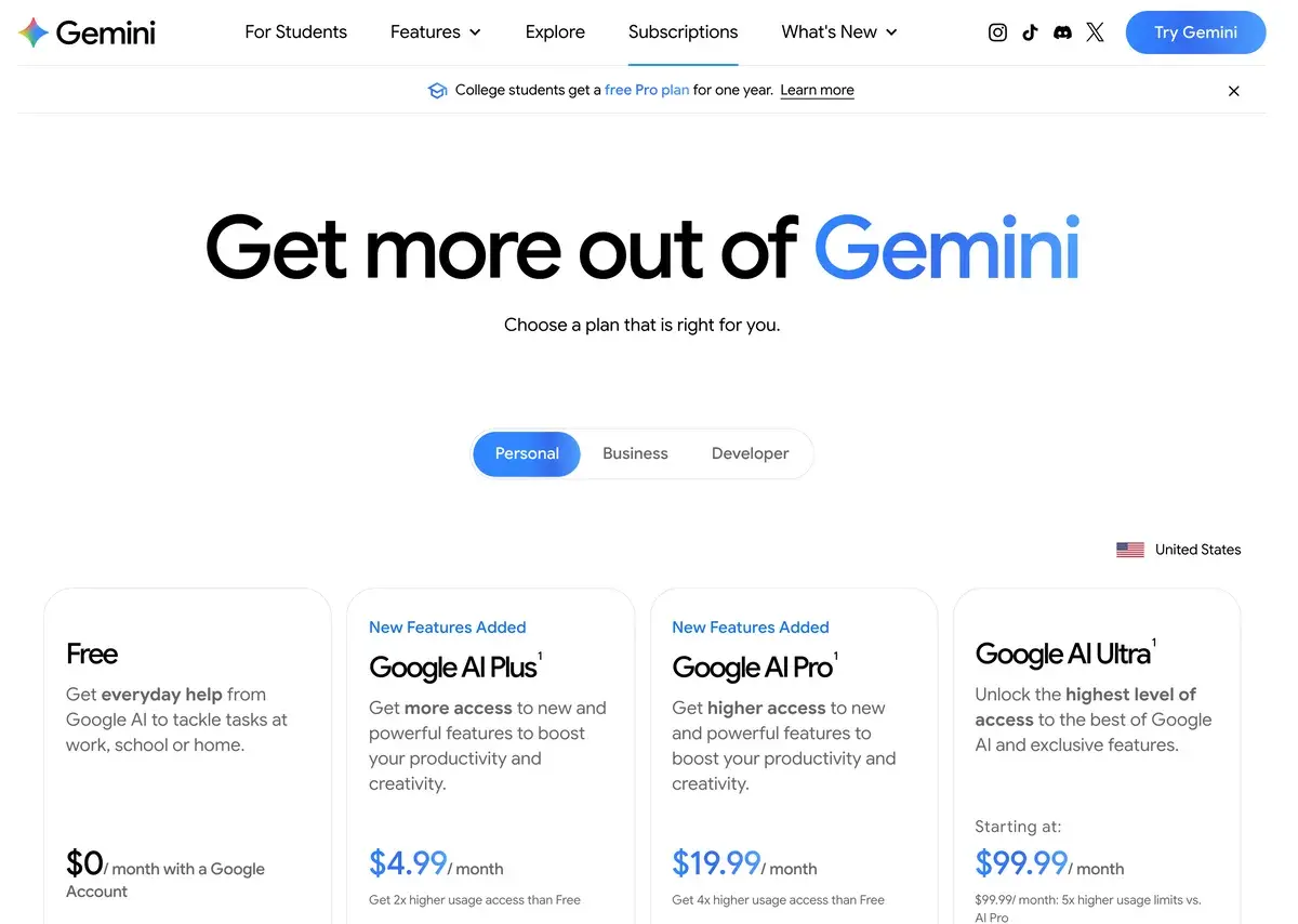 Gemini subscriptions page in September 2026 for the United States headed Get more out of Gemini, showing Free at 0 dollars a month with a Google Account, Google AI Plus at 4.99 dollars with 2x higher usage than Free, Google AI Pro at 19.99 dollars with 4x higher usage, and Google AI Ultra starting at 99.99 dollars a month for 5x higher usage limits than AI Pro
