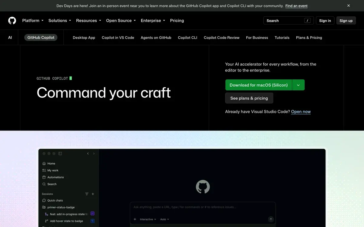 GitHub Copilot page in September 2026 with the headline Command your craft, the line Your AI accelerator for every workflow, from the editor to the enterprise, a Download for macOS button, a See plans and pricing button and a preview of the Copilot desktop app