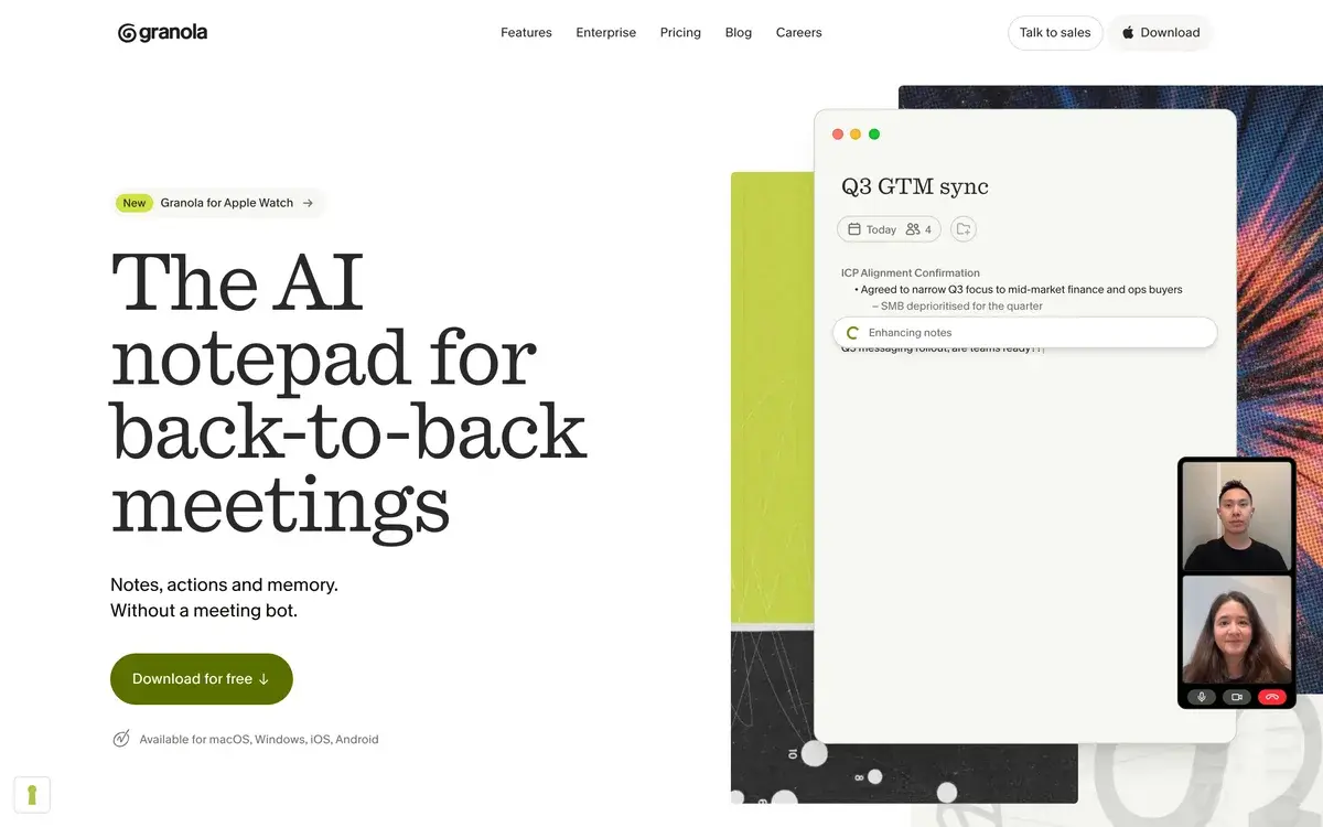 Granola's homepage in October 2026 with the headline The AI notepad for back-to-back meetings, the line Notes, actions and memory, without a meeting bot, a Download for free button, availability on macOS, Windows, iOS and Android, and a note titled Q3 GTM sync being enhanced beside a video call