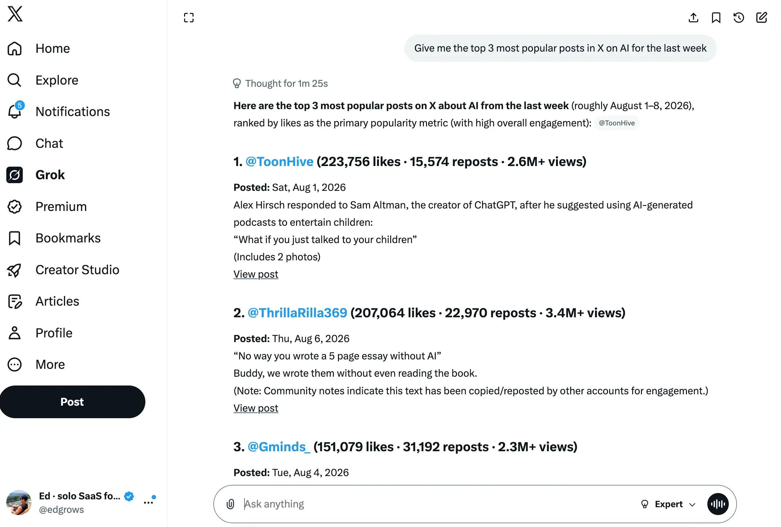 Grok research: Give me the top 3 most popular posts in X on AI for the last week