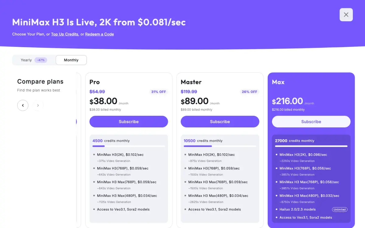 Hailuo AI monthly pricing in September 2026: Pro at $38 with 4,500 credits, Master at $89 with 10,500 credits and Max at $216 with 27,000 credits, with MiniMax H3 per-second rates