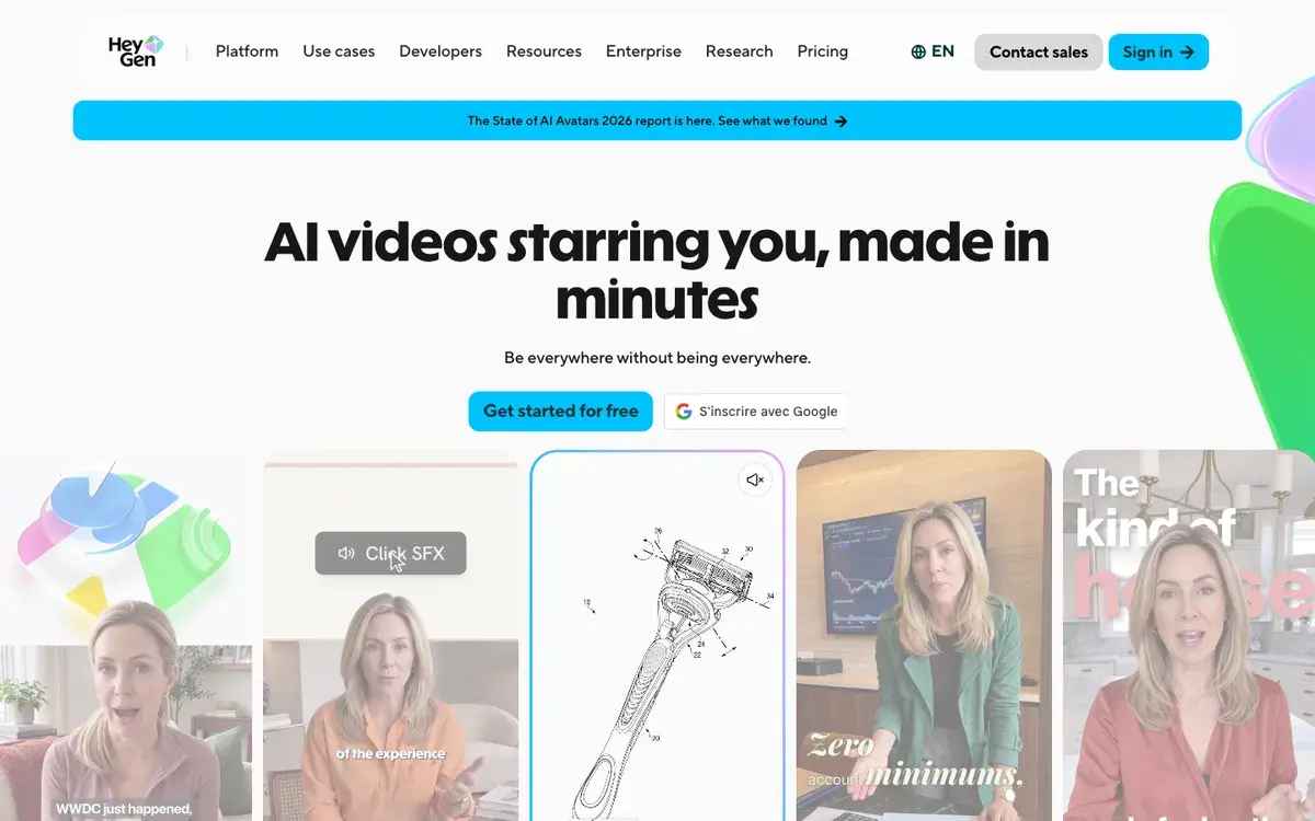 HeyGen homepage in September 2026 with the headline AI videos starring you, made in minutes, a Get started for free button and a row of avatar video previews