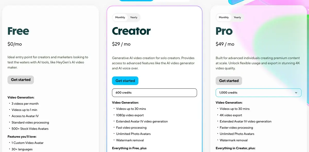 HeyGen pricing page in September 2026: Free at $0 with three videos a month, Creator at $29 a month with 600 credits, 1080p export and watermark removal, and Pro at $49 a month with 1,000 credits and 4K export
