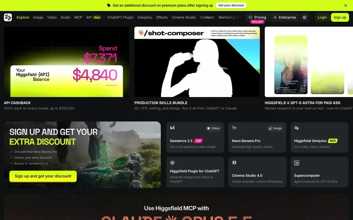Higgsfield homepage in September 2026 with tiles for API cashback, a production skills bundle and Higgsfield x GPT-6 Astra, plus shortcuts to Seedance 2.5, Nano Banana Pro, Genjutsu, Cinema Studio 4.0 and Supercomputer