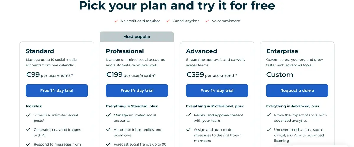 Hootsuite plans page in September 2026 shown in euros on annual billing: Standard at 99 per user a month for up to 10 social accounts, Professional at 199 for unlimited accounts and automation, Advanced at 399 for approvals and team co-working, and Enterprise with custom pricing, each with a free 14-day trial except Enterprise