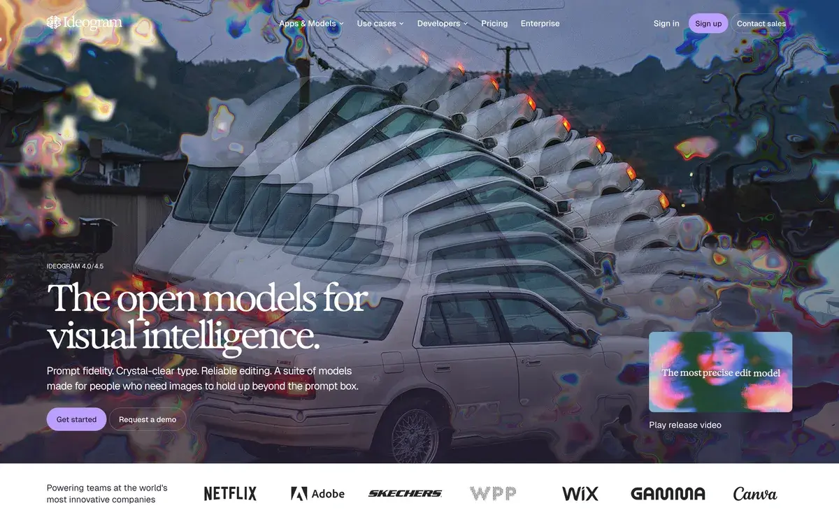 Under the headline The open models for visual intelligence, Ideogram's homepage in October 2026 shows a street of parked cars, Get started and Request a demo buttons, a small card promoting the most precise edit model, and customer logos including Netflix, Adobe, Wix and Canva
