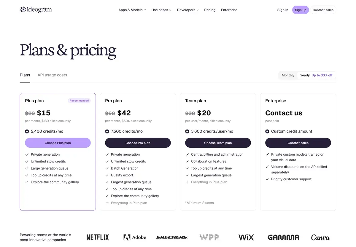 Ideogram's paid plans with yearly billing selected in October 2026, showing Plus at 15 dollars a month instead of 20 with 2,400 credits, Pro at 42 dollars instead of 60 with 7,500 credits, Team at 20 dollars per user instead of 30 with 3,600 credits per user, and Enterprise on request