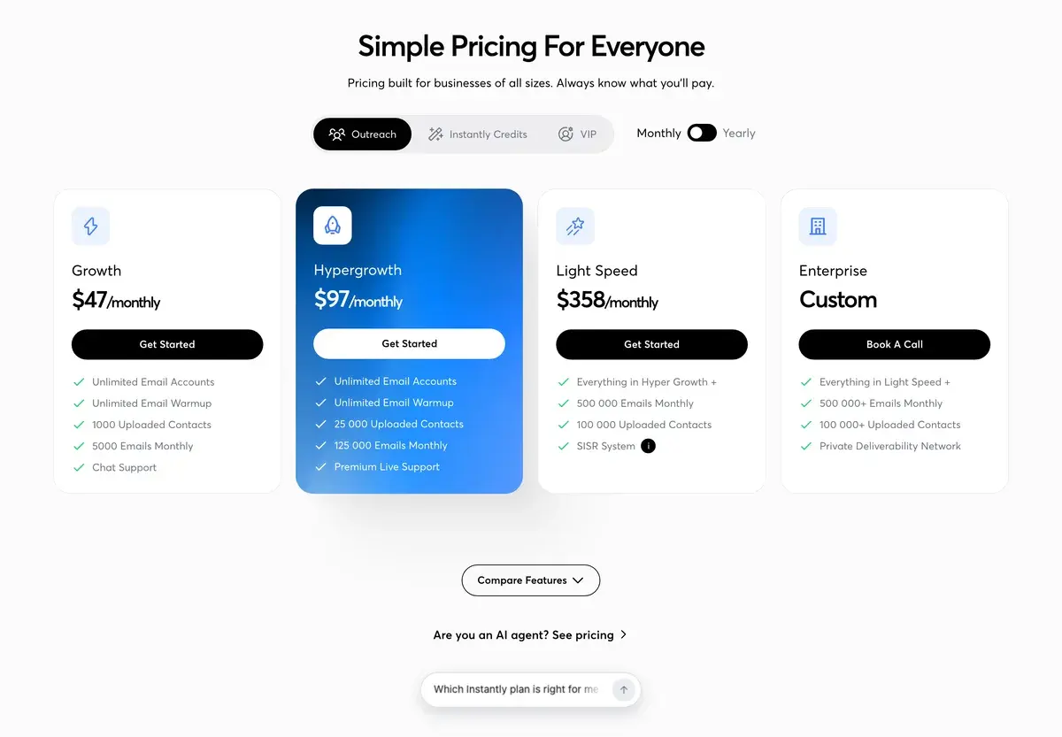The Outreach tab of Instantly's pricing in October 2026, headed Simple Pricing For Everyone, with monthly billing selected: Growth at 47 dollars a month, Hypergrowth at 97 dollars, Light Speed at 358 dollars and a custom Enterprise plan, each listing unlimited email accounts and warm-up