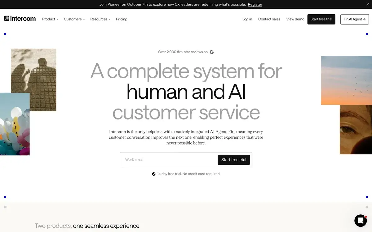 Intercom homepage in September 2026 with the headline A complete system for human and AI customer service, a line calling Intercom the only helpdesk with a natively integrated AI Agent, Fin, a work email field with a Start free trial button and the note 14 day free trial, no credit card required