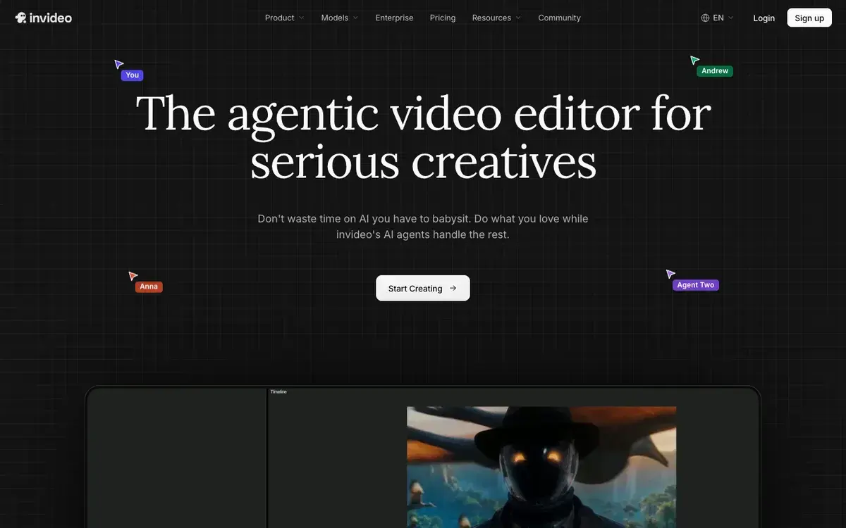 InVideo homepage in September 2026 with the headline The agentic video editor for serious creatives, a Start Creating button and collaborator cursors labeled You, Andrew, Anna and Agent Two over a timeline preview