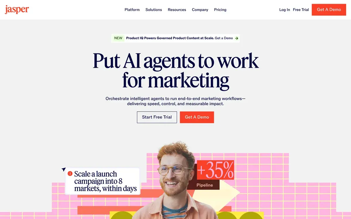 Jasper's homepage, October 2026: a banner about Product IQ for governed product content, the headline Put AI agents to work for marketing, Start Free Trial and Get A Demo buttons, and a campaign card reading Scale a launch campaign into 8 markets, within days