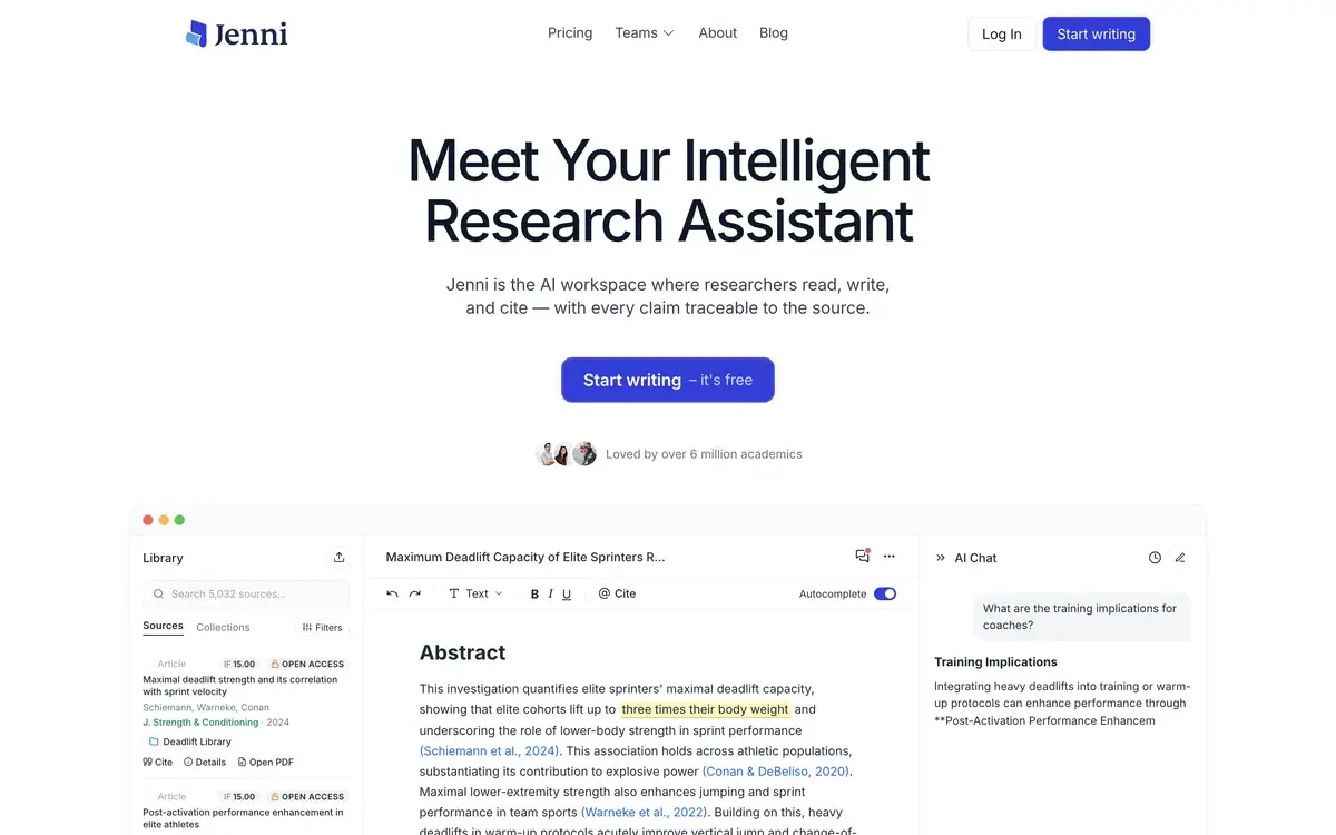 Jenni AI homepage in September 2026 with the headline Meet Your Intelligent Research Assistant, the line Jenni is the AI workspace where researchers read, write, and cite with every claim traceable to the source, a Start writing button, a note that it is loved by over 6 million academics, and a workspace with a source library, a cited draft and an AI chat