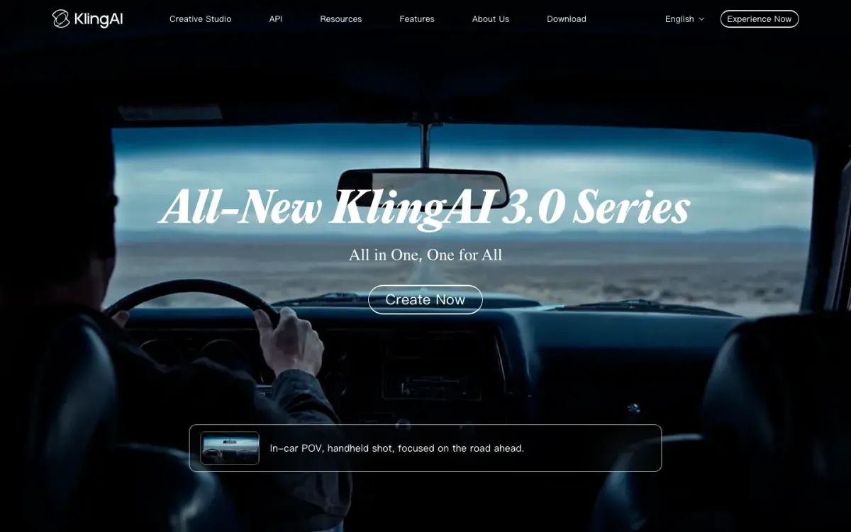 Kling AI homepage in September 2026 announcing the Kling AI 3.0 Series with a Create Now button over a cinematic in-car video frame
