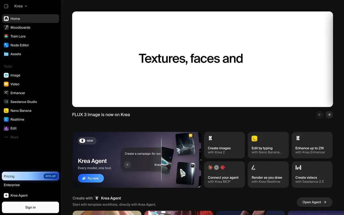 Krea's home screen in October 2026, with a sidebar of tools such as Image, Video, Enhancer, Nano Banana and Realtime, a banner announcing FLUX 3 Image on Krea, a Krea Agent card, and tiles for creating images with Krea 2, enhancing images and rendering as you draw
