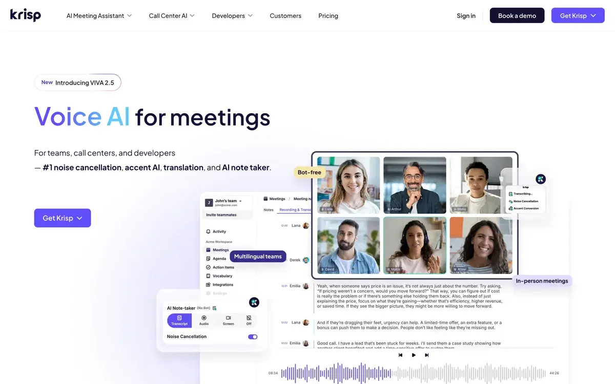 Voice AI for meetings, the headline of Krisp's homepage in October 2026, promoting noise cancellation, accent AI, translation and an AI note taker, next to a video call grid labeled Bot-free and a transcript panel with a Noise Cancellation switch