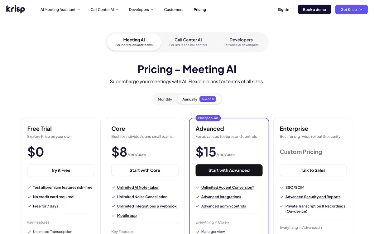 A billing toggle set to annual, 50% off, above Krisp's Meeting AI plans in October 2026, with the Meeting AI tab chosen over Call Center AI and Developers: a 7-day Free Trial at 0 dollars, Core at 8 dollars per user a month, Advanced at 15 dollars marked most popular, and custom Enterprise pricing
