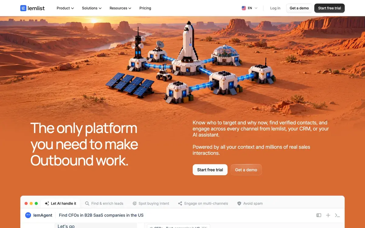 Lemlist homepage, October 2026: an illustration of a rocket base on a red desert planet with the headline The only platform you need to make Outbound work, Start free trial and Get a demo buttons, and the lemAgent prompt box below