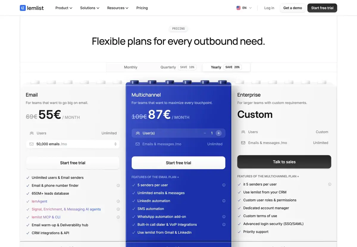 Lemlist's plans in euros with yearly billing selected, October 2026: the Email plan at 55 euros a month instead of 69 with unlimited users and 50,000 emails a month, Multichannel at 87 euros instead of 109 per user, and custom Enterprise pricing