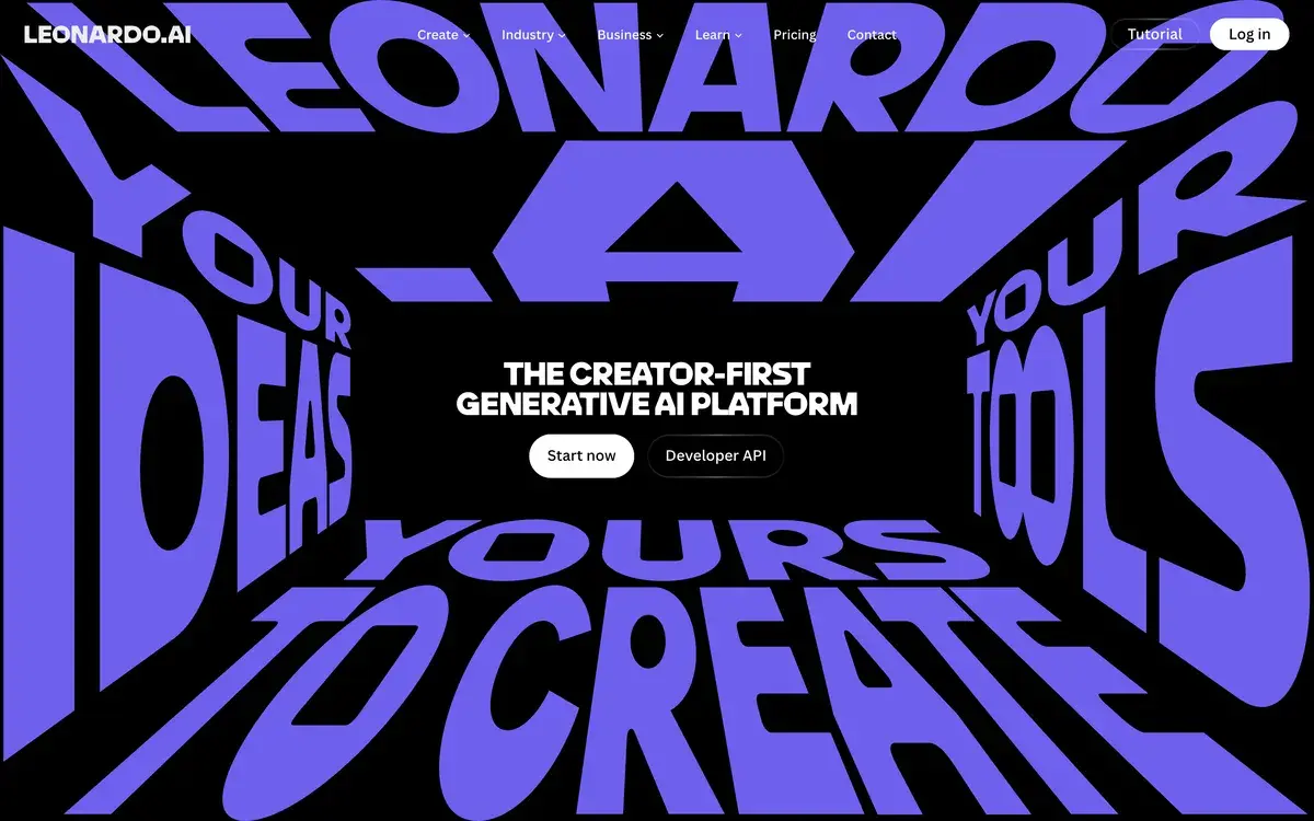 Leonardo.Ai homepage in October 2026 with large purple warped lettering reading Leonardo AI, your ideas, yours to create, your tools, and in the center the line The creator-first generative AI platform with Start now and Developer API buttons