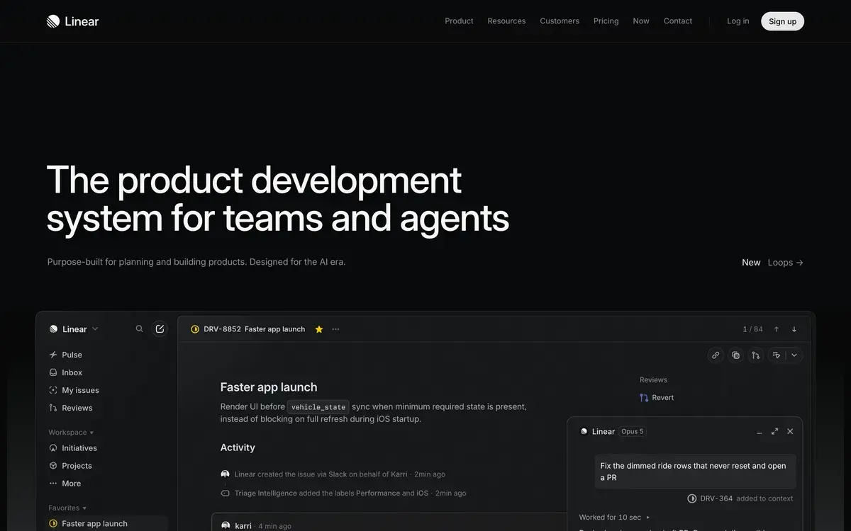 Linear homepage in October 2026 with the headline The product development system for teams and agents, the line Purpose-built for planning and building products, designed for the AI era, a New Loops link, and the Linear app showing an issue called Faster app launch with an agent chat panel fixing a bug and opening a pull request