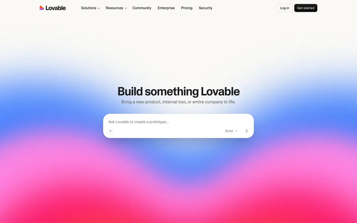 Lovable's homepage in October 2026 with the headline Build something Lovable over a blue and pink gradient, the line Bring a new product, internal tool, or entire company to life, and a prompt box reading Ask Lovable to create a prototype