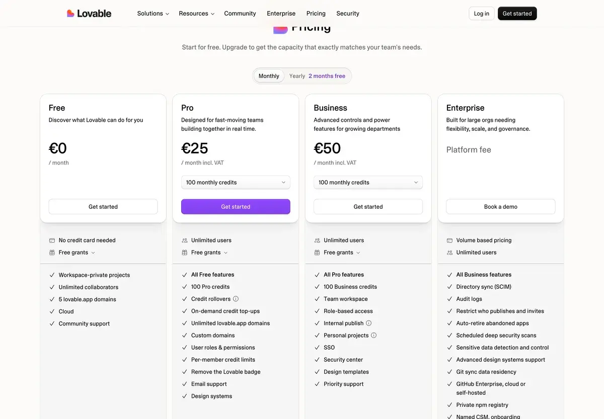 Lovable's pricing page in October 2026 in euros with monthly billing: Free at 0 euros with no credit card needed, Pro at 25 euros a month including VAT with 100 monthly credits, Business at 50 euros with 100 monthly credits, and Enterprise with a platform fee