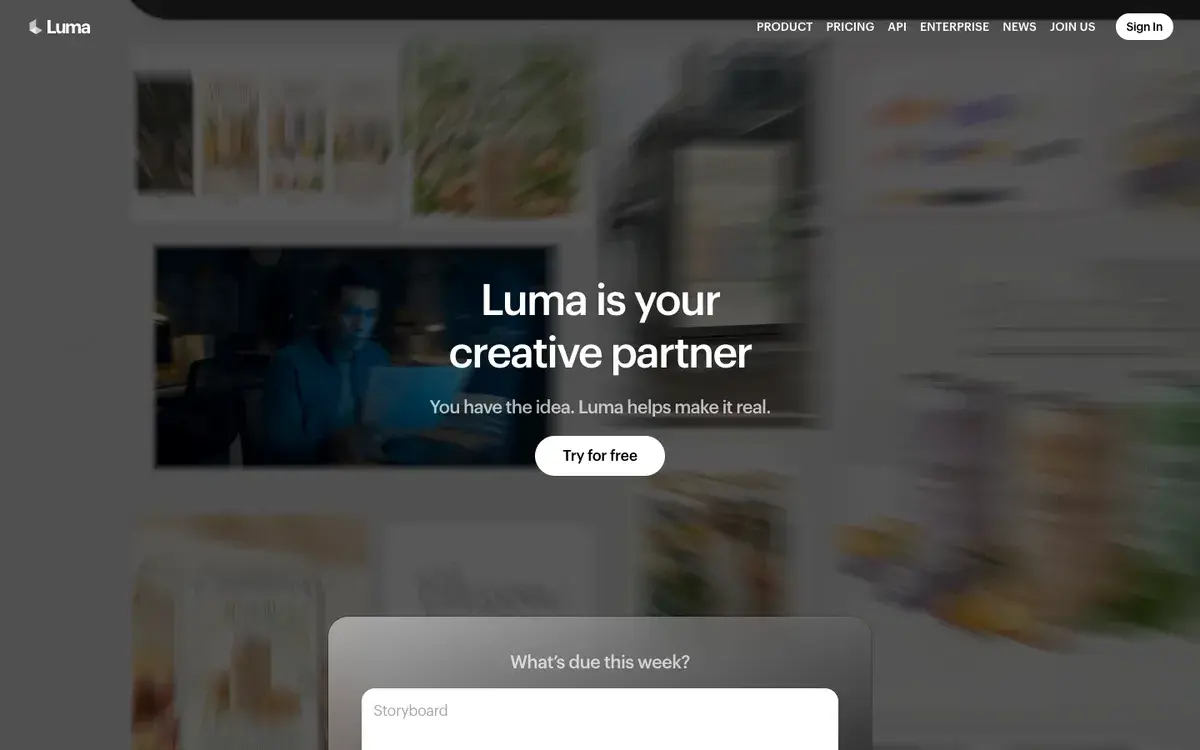 Luma homepage in September 2026 with the headline Luma is your creative partner, a Try for free button and a prompt box asking what is due this week, over a blurred collage of creative work
