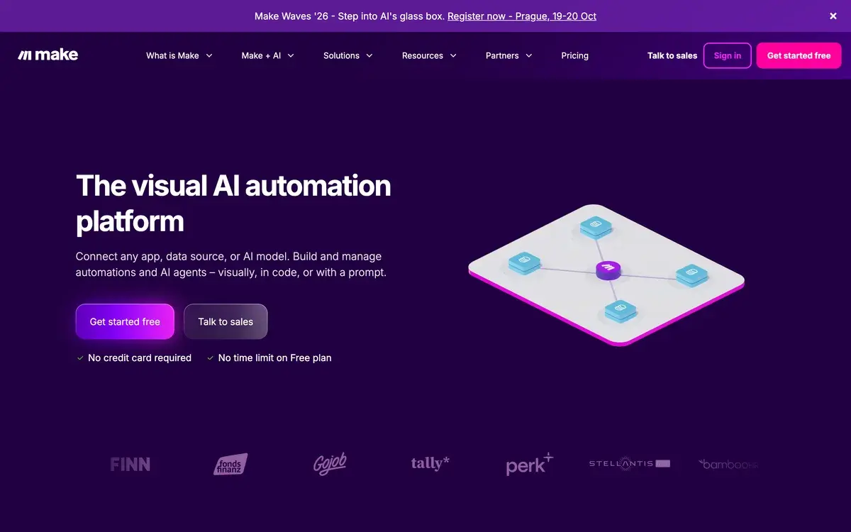 Make homepage in October 2026 with a banner for the Make Waves conference in Prague on October 19 and 20, the headline The visual AI automation platform, the line Connect any app, data source, or AI model, Get started free and Talk to sales buttons, notes saying no credit card required and no time limit on the Free plan, and customer logos