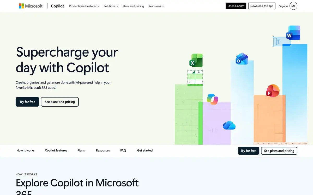 A screenshot of Microsoft's Copilot page for individuals, taken in October 2026: the headline Supercharge your day with Copilot, Try for free and See plans and pricing buttons, and Word, Excel, Outlook, PowerPoint and OneDrive icons resting on colored columns