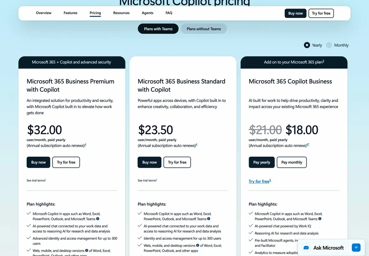 Plans with Teams on Microsoft's Copilot pricing page, yearly billing selected, October 2026: Microsoft 365 Business Premium with Copilot at 32 dollars per user a month, Business Standard with Copilot at 23.50 dollars, and the Microsoft 365 Copilot Business add-on at 18 dollars, down from a crossed-out 21 dollars, all paid yearly