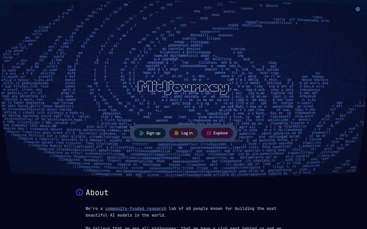 Midjourney homepage in September 2026: the Midjourney wordmark over a dark animated field of prompt text, with Sign up, Log in and Explore buttons and an About section describing a community-funded research lab