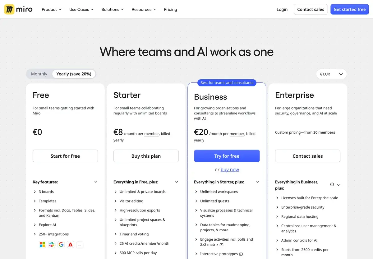 Miro plans in October 2026 under the headline Where teams and AI work as one, shown in euros with yearly billing: Free at 0, Starter at 8 euros a month per member, Business at 20 euros a month per member, marked best for teams and consultants, and Enterprise with custom pricing from 30 members