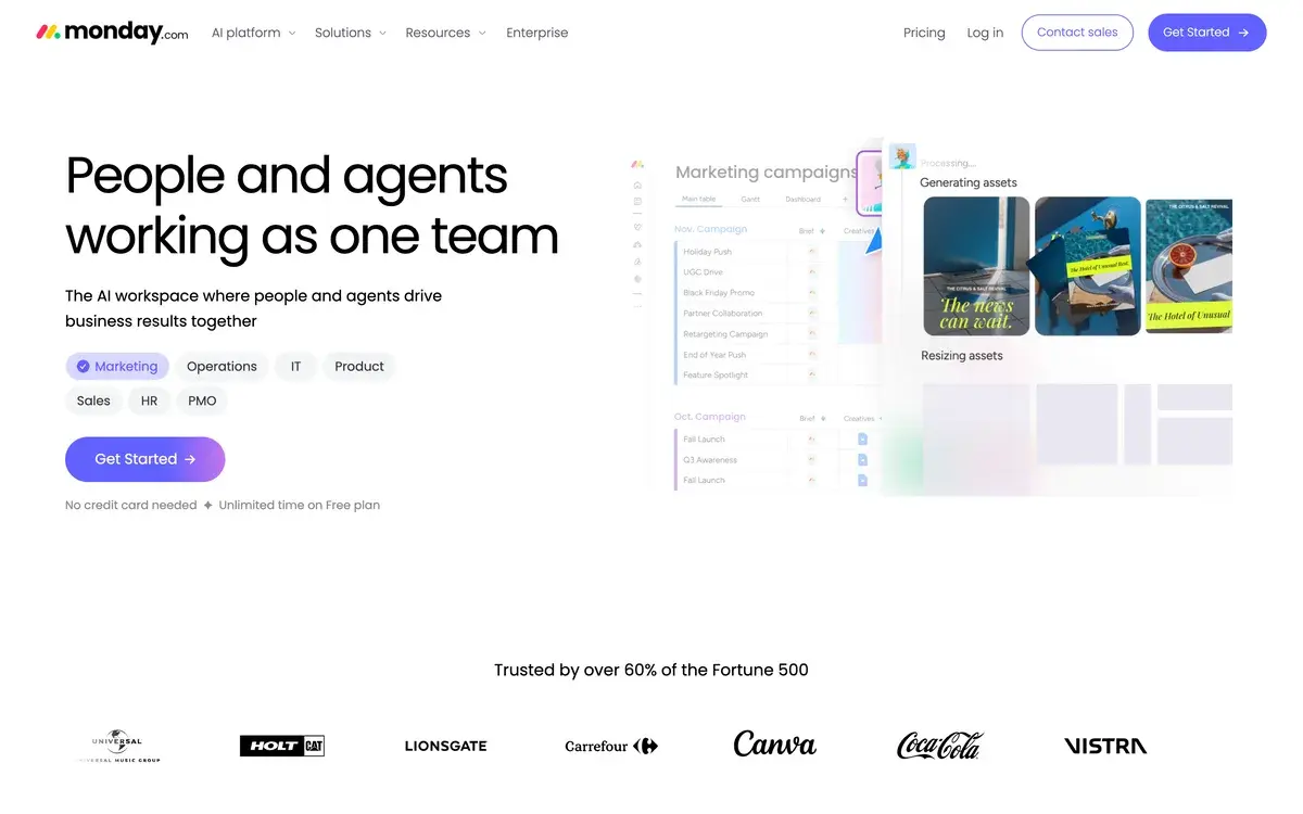 monday.com homepage in September 2026 with the headline People and agents working as one team, the line The AI workspace where people and agents drive business results together, department tabs for marketing, operations, IT and product, a Get Started button and a board generating marketing campaign assets