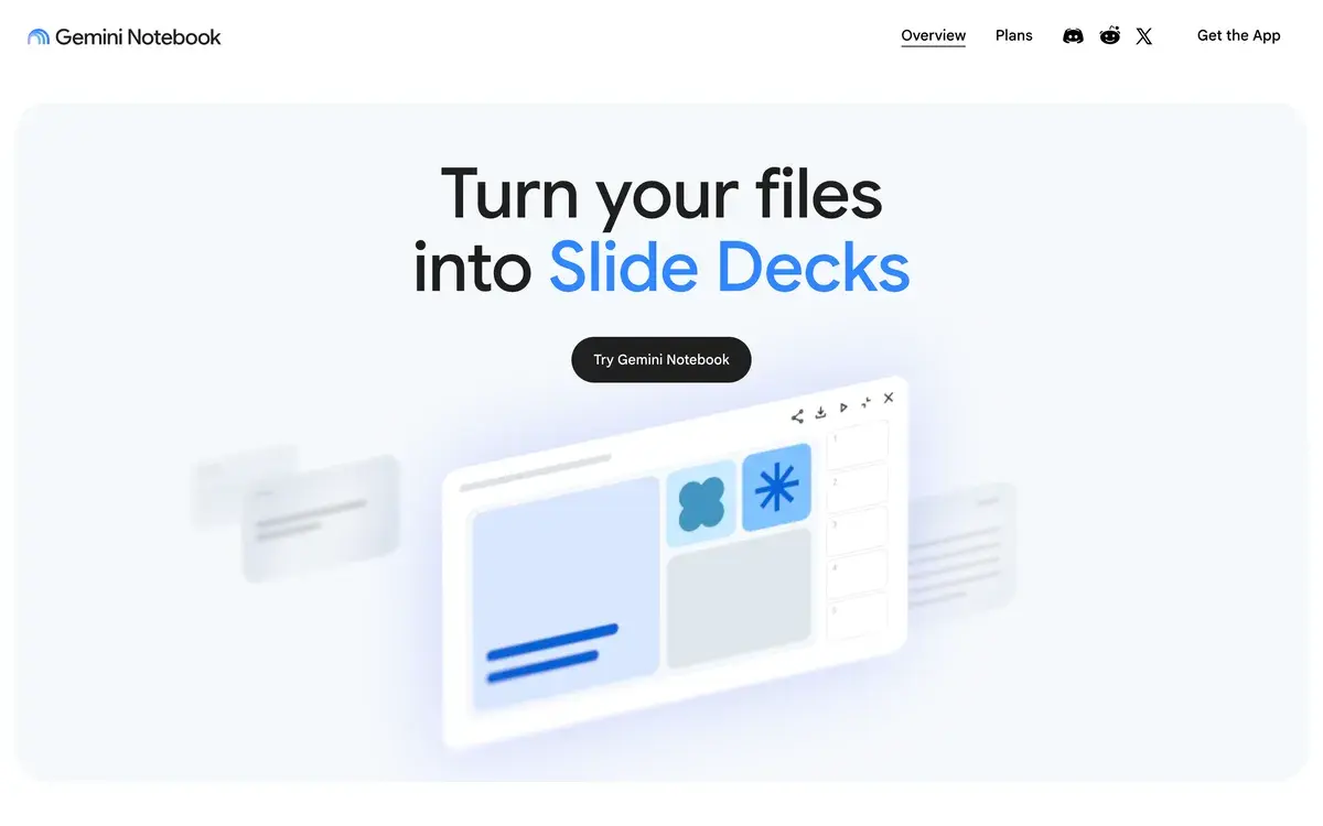Gemini Notebook homepage in October 2026, the product formerly called NotebookLM, with the headline Turn your files into Slide Decks, a Try Gemini Notebook button and an illustration of a document becoming a slide