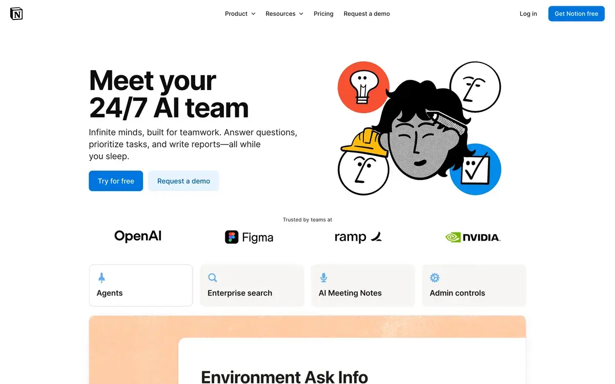 Notion AI page in October 2026 with the headline Meet your 24/7 AI team, the line Infinite minds, built for teamwork, Try for free and Request a demo buttons, logos of OpenAI, Figma, Ramp and NVIDIA, and tabs for Agents, Enterprise search, AI Meeting Notes and Admin controls