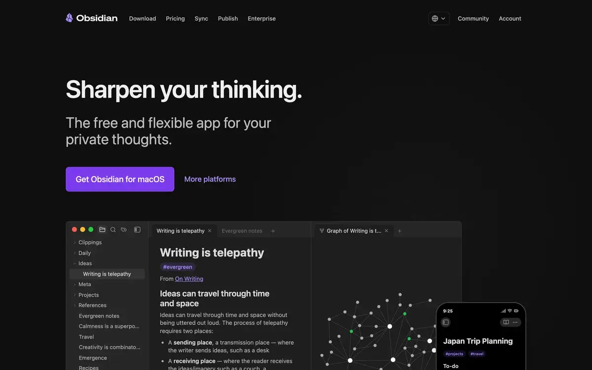 Obsidian's homepage in October 2026 on a dark background with the headline Sharpen your thinking, the line The free and flexible app for your private thoughts, a Get Obsidian for macOS button, and a desktop and phone showing linked notes and a graph view