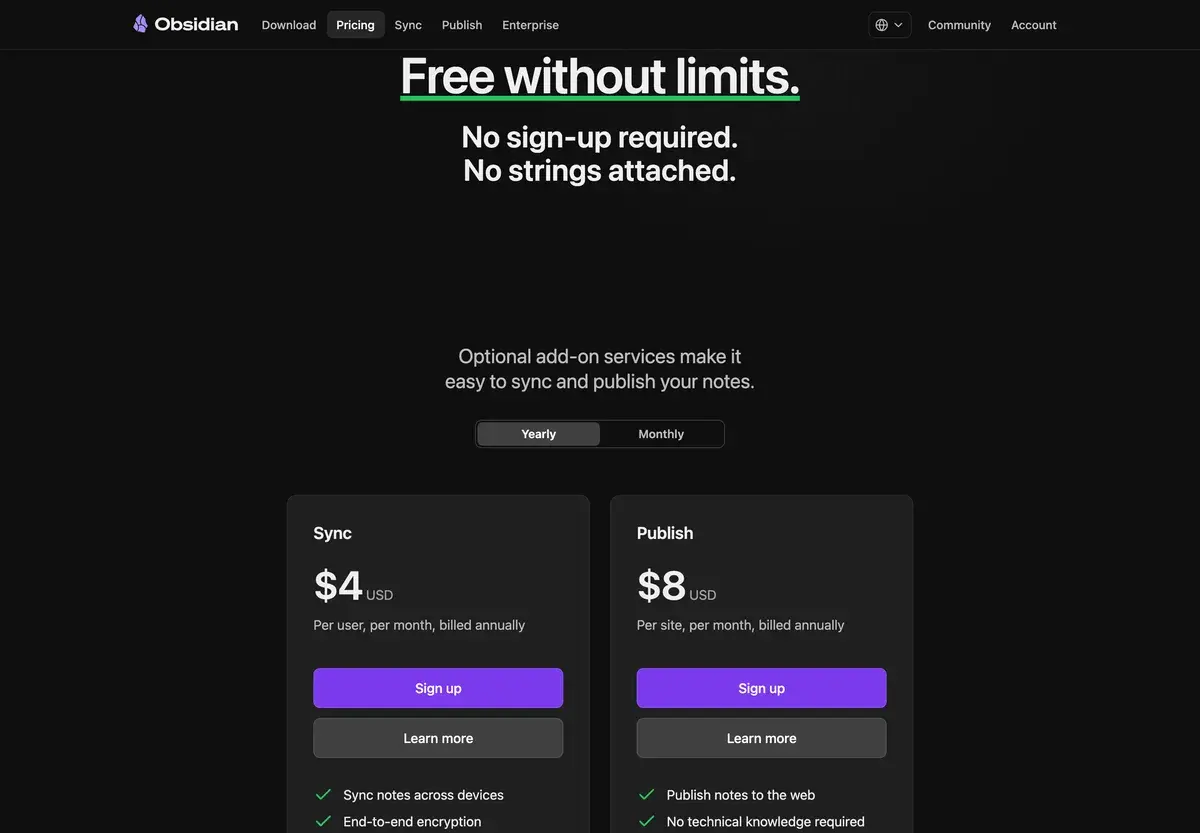 Obsidian's pricing page in October 2026 under the words Free without limits, No sign-up required, No strings attached, with yearly billing selected: Sync at 4 dollars per user a month and Publish at 8 dollars per site a month, both billed annually