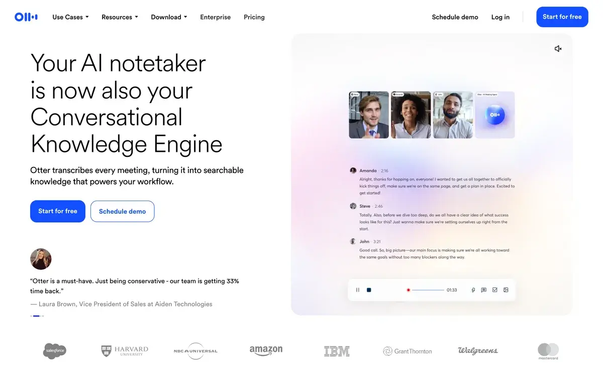 Otter.ai homepage in September 2026 with the headline Your AI notetaker is now also your Conversational Knowledge Engine, Start for free and Schedule demo buttons and a meeting preview with three participants, the Otter agent and a live transcript