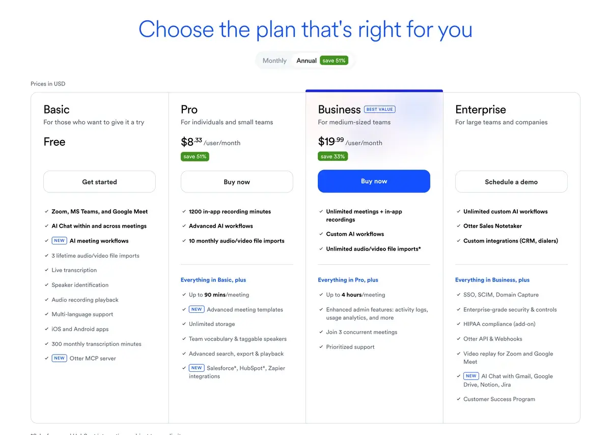 Otter.ai pricing page in September 2026 on annual billing in US dollars: Basic free, Pro at $8.33 per user a month with 1,200 in-app recording minutes, Business at $19.99 per user a month with unlimited meetings, and Enterprise by demo