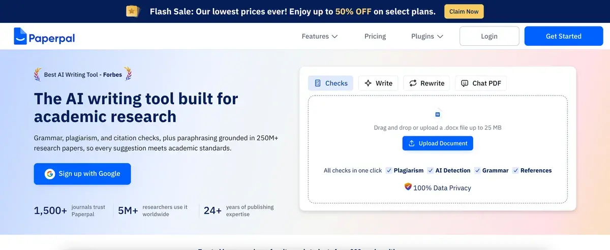 Paperpal homepage in September 2026 with a flash sale banner offering up to 50% off select plans, the headline The AI writing tool built for academic research, a Sign up with Google button, counters for 1,500+ journals, 5M+ researchers and 24+ years of publishing expertise, and a document upload panel for plagiarism, AI detection, grammar and reference checks