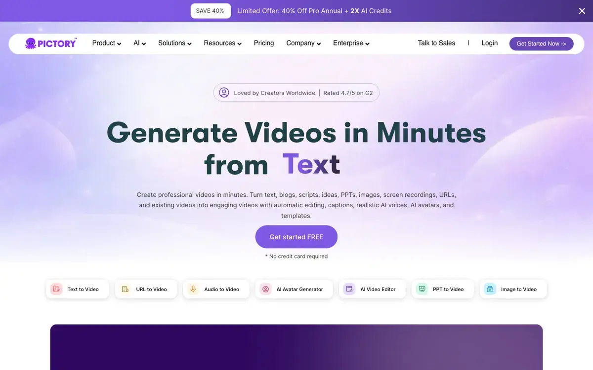 Pictory homepage in September 2026 with the headline Generate Videos in Minutes from Text, a Get started FREE button, a 4.7 out of 5 G2 rating badge and shortcuts for text, URL, audio, avatar, PPT and image to video