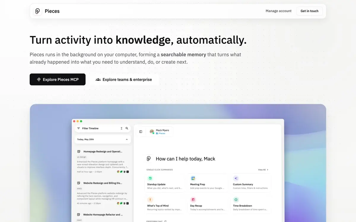Your entire work history, on demand: the Pieces homepage headline in October 2026, above buttons for Pieces MCP and for teams, with an app window showing a timeline of recent work and one-click summaries such as Standup Update, Meeting Prep and Day Recap
