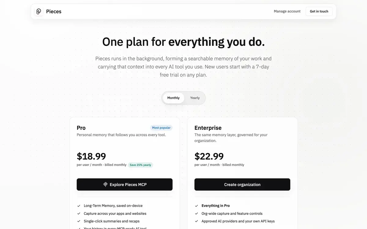 One plan for everything you do, says the Pieces pricing page in October 2026, here with monthly billing selected: Pro at 18.99 dollars per user a month marked most popular with a Save 25% yearly tag, and Enterprise at 22.99 dollars per user a month