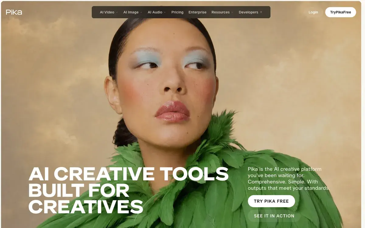 Pika homepage in September 2026 with the headline AI Creative Tools Built for Creatives over a portrait of a woman in a green feather collar, and Try Pika Free and See It in Action buttons