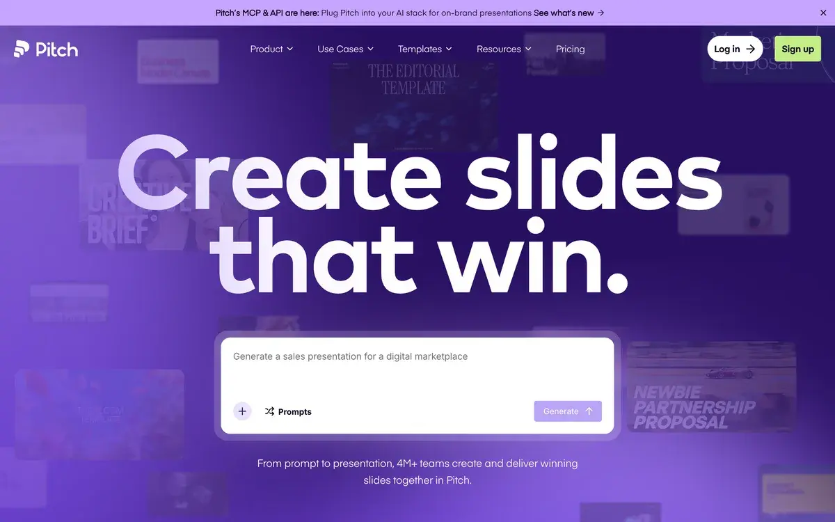Pitch homepage in October 2026 with a banner announcing Pitch's MCP and API, the headline Create slides that win over a purple background of deck thumbnails, a prompt box reading Generate a sales presentation for a digital marketplace, and a line saying 4M+ teams create and deliver winning slides together in Pitch