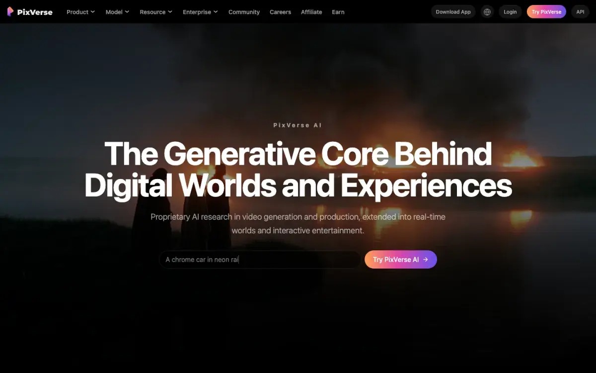 PixVerse homepage in September 2026 with the headline The Generative Core Behind Digital Worlds and Experiences and a Try PixVerse AI prompt box