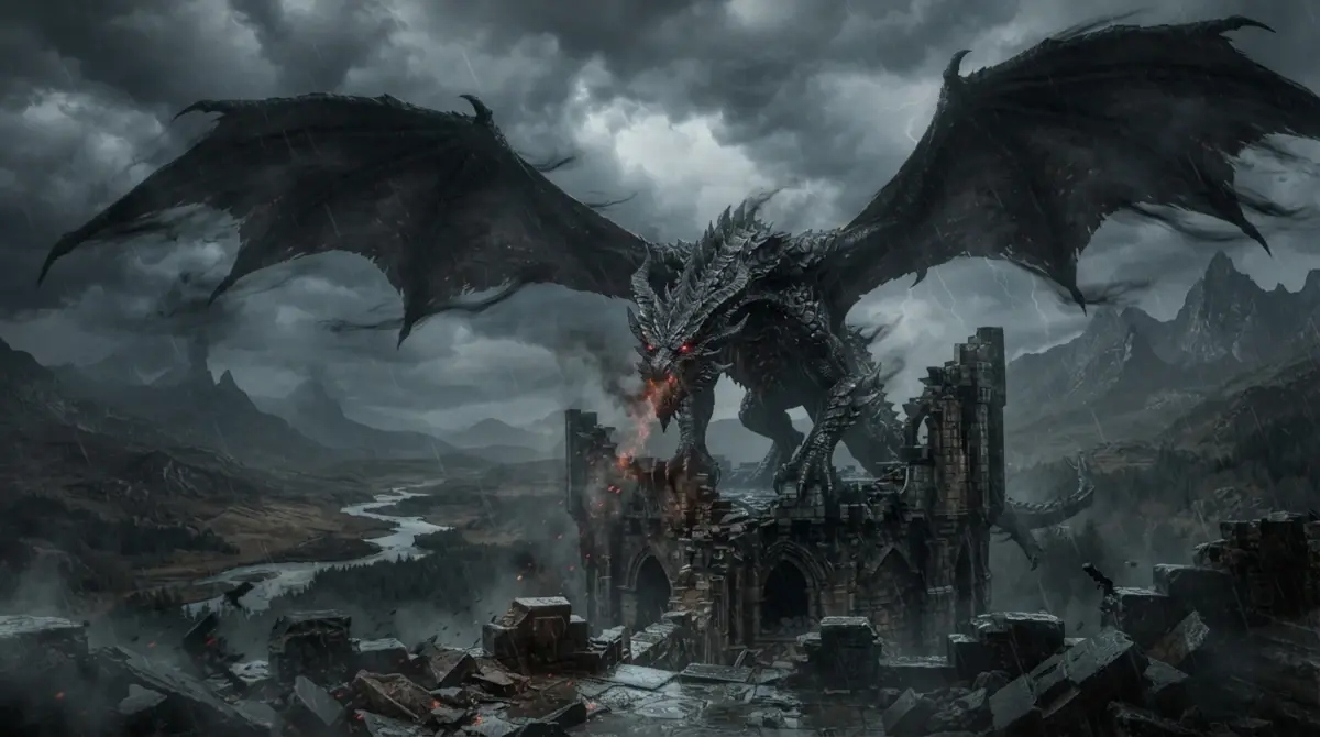 Black dragon perched on a ruined stone castle under a stormy sky, an image I generated in PixVerse with Nano Banana 2 Lite at 1080p