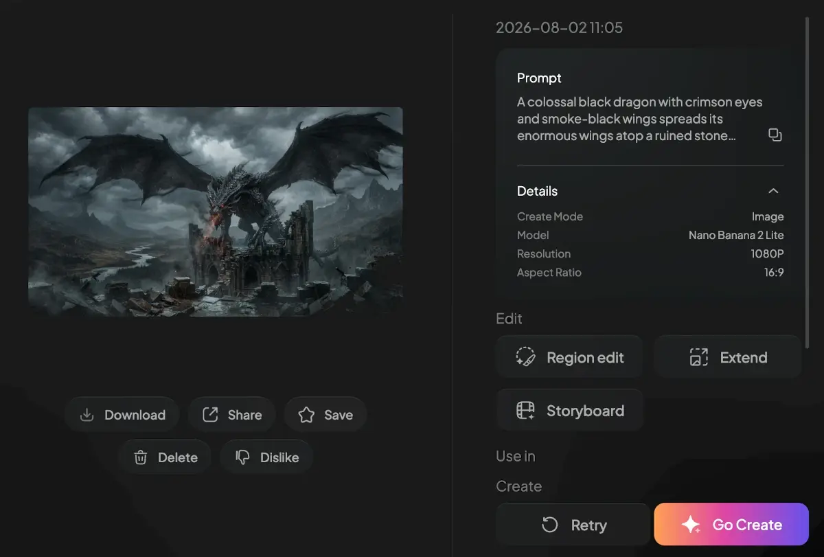 PixVerse image creation screen showing the dragon prompt with Nano Banana 2 Lite, 1080P and 16:9 settings, plus Region edit, Extend and Storyboard tools